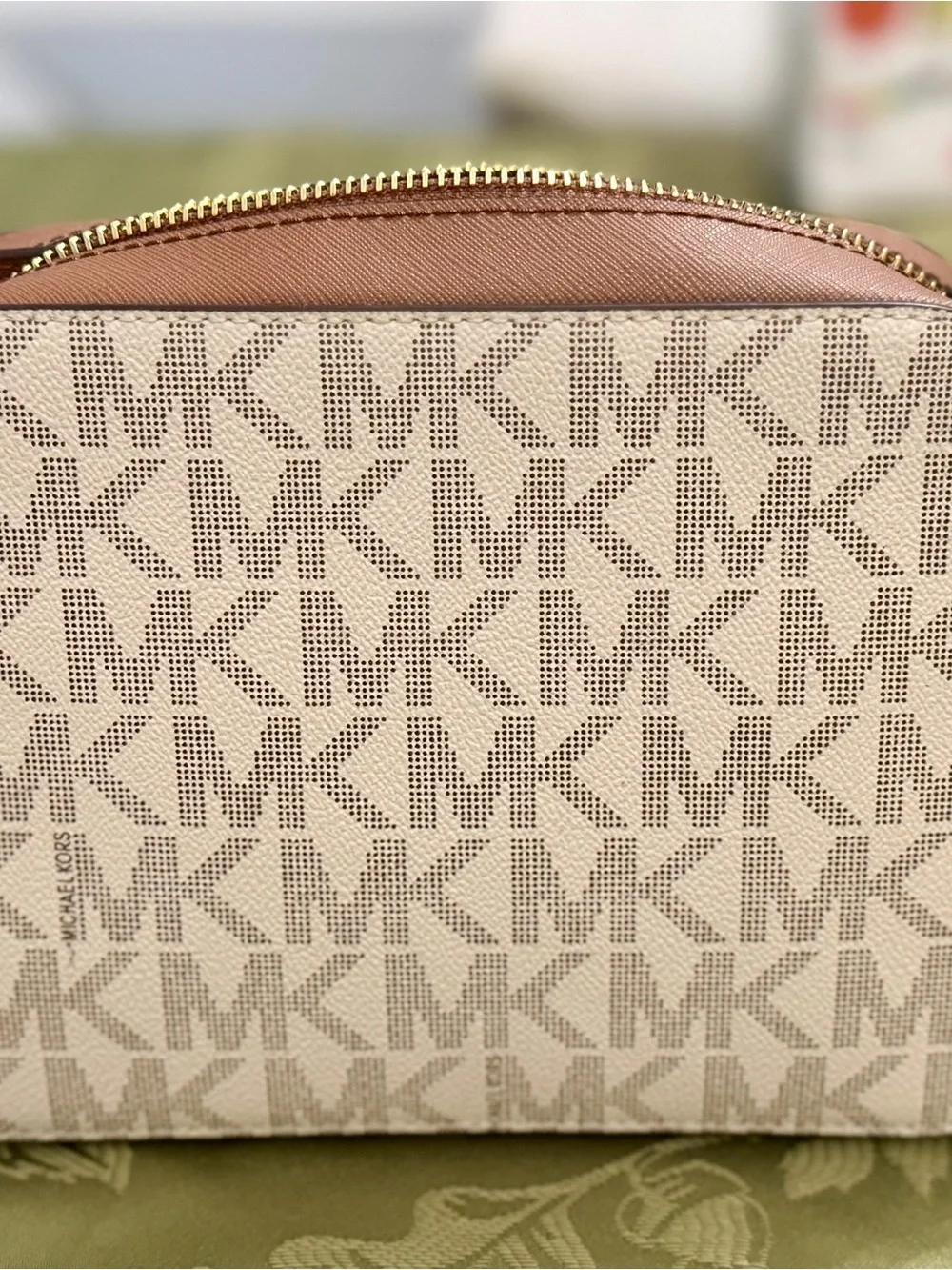 Michael Kors Cream and Brown Signature Dome Crossbody